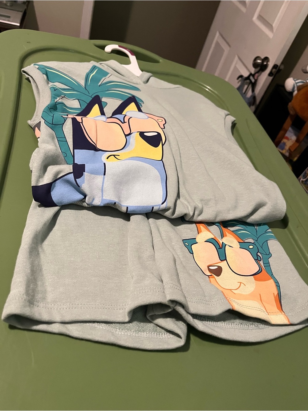 Kids Light Green Dog Graphic Pajama Set with Playful Sunglasses Print